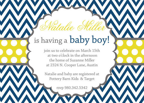 zig zag navy blue yellow modern pattern design baby shower invitation